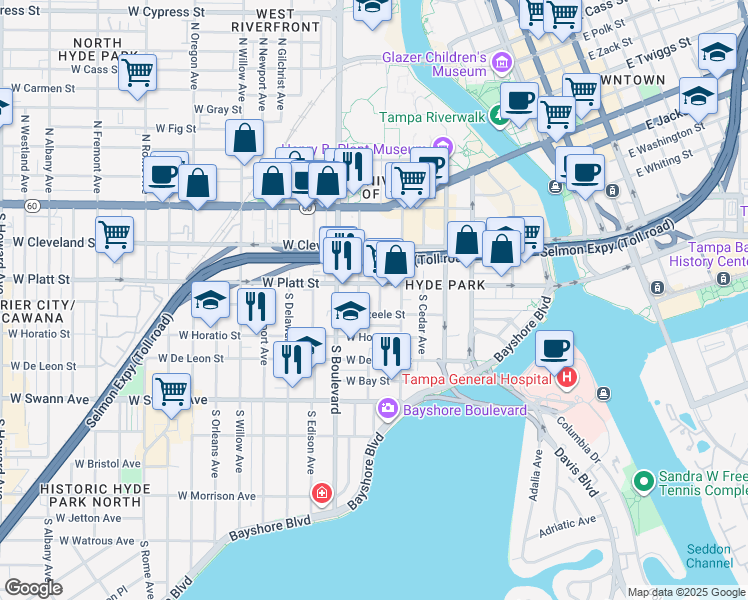 map of restaurants, bars, coffee shops, grocery stores, and more near 616 West Azeele Street in Tampa