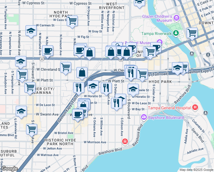map of restaurants, bars, coffee shops, grocery stores, and more near 406 South Newport Avenue in Tampa