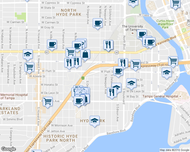 map of restaurants, bars, coffee shops, grocery stores, and more near 405 South Willow Avenue in Tampa