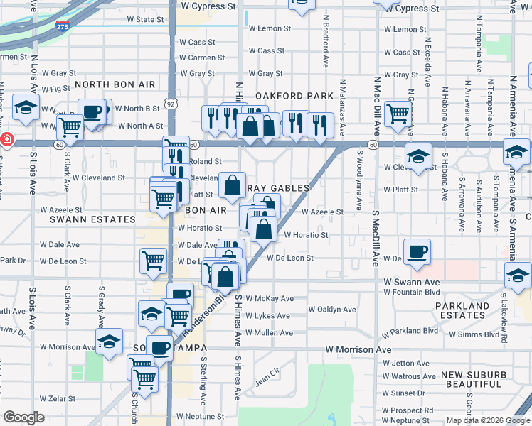 map of restaurants, bars, coffee shops, grocery stores, and more near 3347 Henderson Boulevard in Tampa
