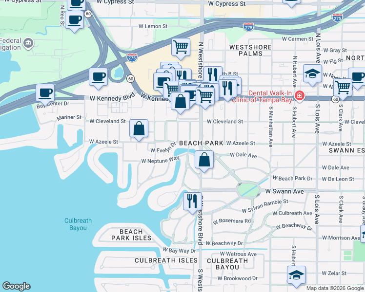 map of restaurants, bars, coffee shops, grocery stores, and more near 179 South Shore Crest Drive in Tampa