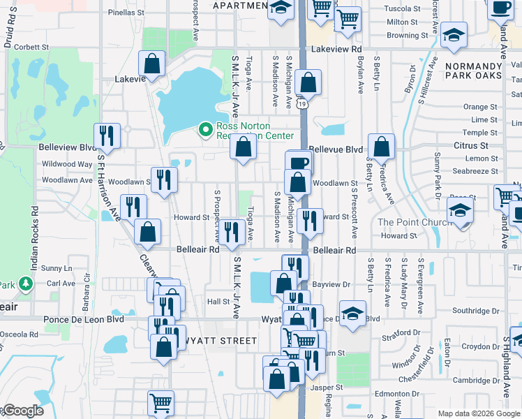 map of restaurants, bars, coffee shops, grocery stores, and more near 1141 Howard Street in Clearwater