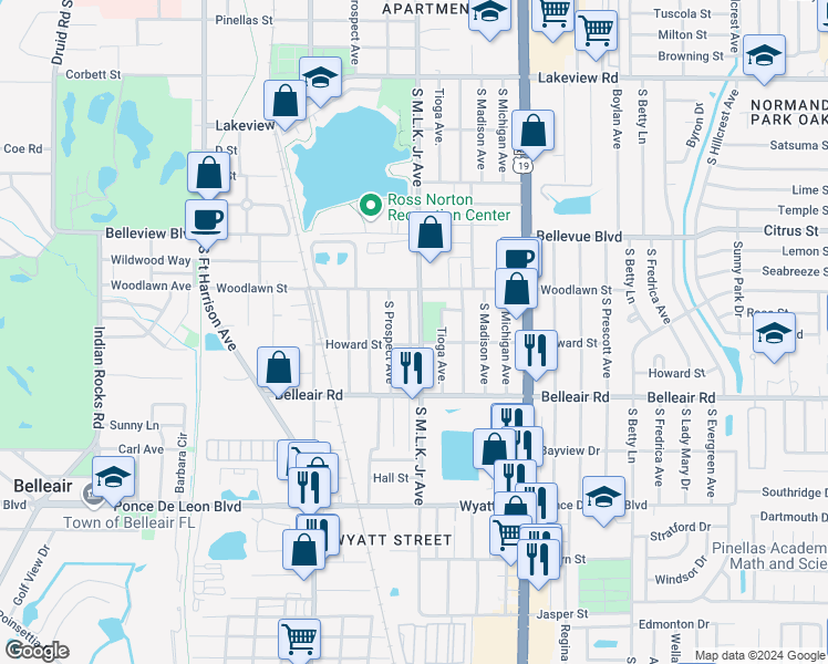 map of restaurants, bars, coffee shops, grocery stores, and more near 1555 South Prospect Avenue in Clearwater