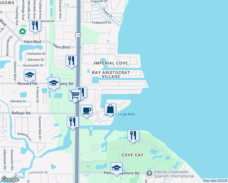 map of restaurants, bars, coffee shops, grocery stores, and more near 2722 Via Tivoli in Clearwater