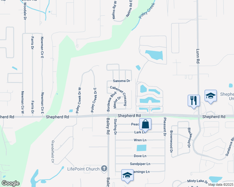 map of restaurants, bars, coffee shops, grocery stores, and more near 6820 Bordeaux Boulevard in Lakeland