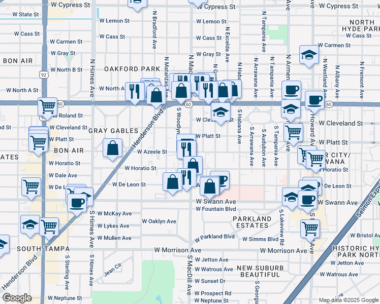 map of restaurants, bars, coffee shops, grocery stores, and more near W Azeele St & S MacDill Ave in Tampa