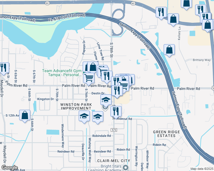 map of restaurants, bars, coffee shops, grocery stores, and more near 7748 Palm River Road in Tampa