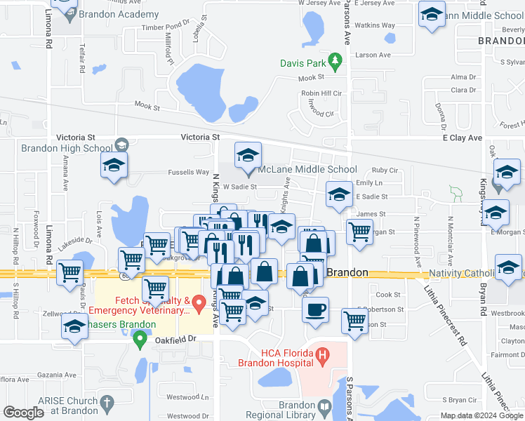 map of restaurants, bars, coffee shops, grocery stores, and more near 612 Golden Raintree Place in Brandon