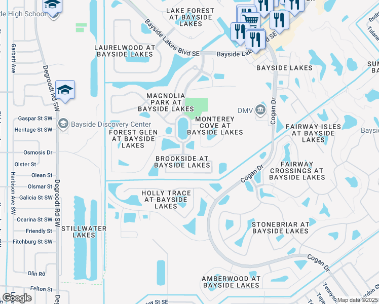 map of restaurants, bars, coffee shops, grocery stores, and more near 441 Breckenridge Circle Southeast in Palm Bay