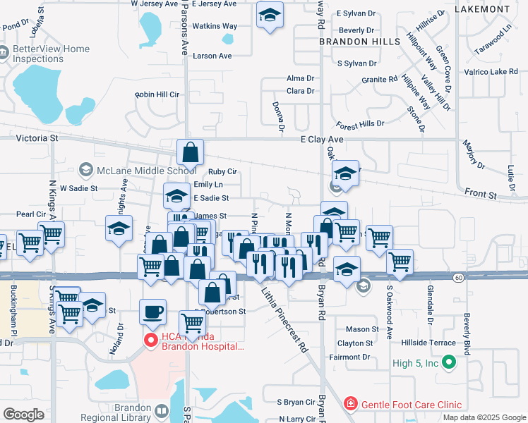 map of restaurants, bars, coffee shops, grocery stores, and more near 404 East Morgan Street in Brandon