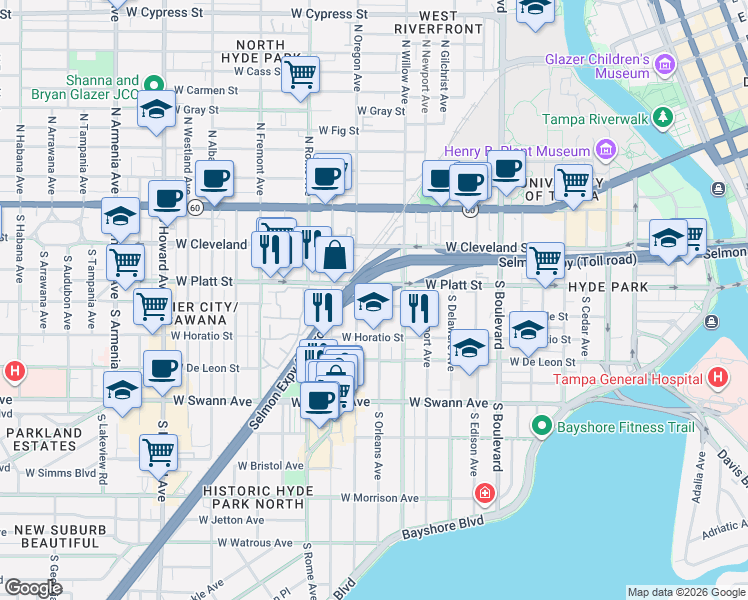 map of restaurants, bars, coffee shops, grocery stores, and more near 410 South Oregon Avenue in Tampa