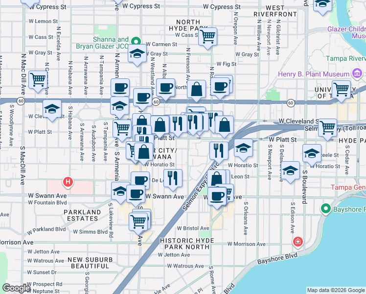 map of restaurants, bars, coffee shops, grocery stores, and more near 407 South Fremont Avenue in Tampa