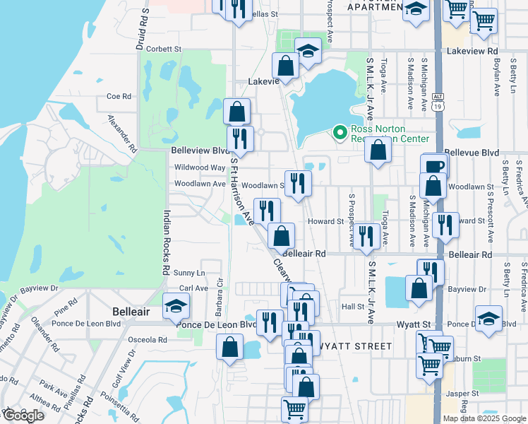 map of restaurants, bars, coffee shops, grocery stores, and more near 1555-1559 South Fort Harrison Avenue in Clearwater