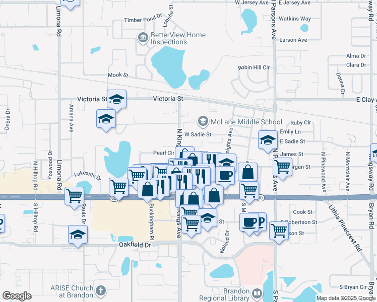 map of restaurants, bars, coffee shops, grocery stores, and more near 213 Red Cedar Place in Brandon