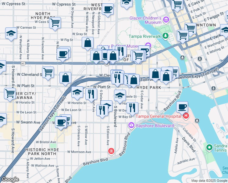map of restaurants, bars, coffee shops, grocery stores, and more near 800 West Azeele Street in Tampa
