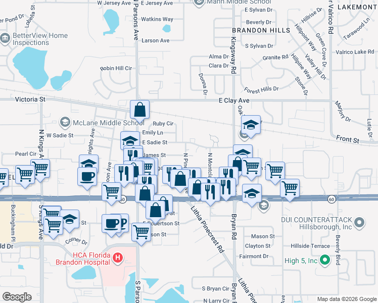 map of restaurants, bars, coffee shops, grocery stores, and more near 409 Renlyn Court in Brandon