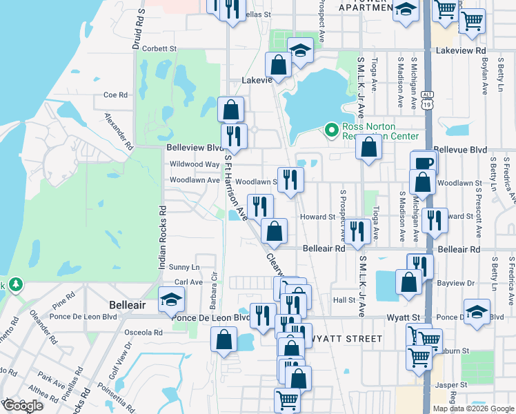 map of restaurants, bars, coffee shops, grocery stores, and more near 1555-1559 South Fort Harrison Avenue in Clearwater