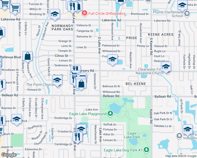 map of restaurants, bars, coffee shops, grocery stores, and more near 1538 South Lake Avenue in Clearwater