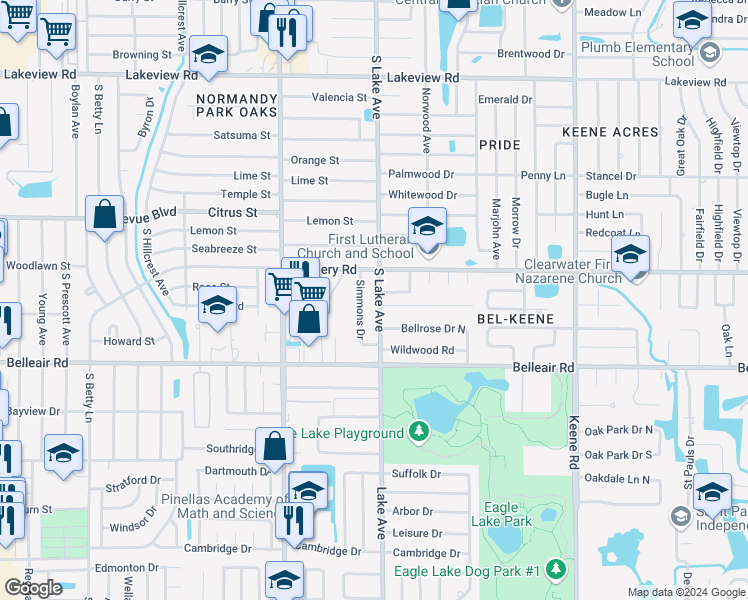 map of restaurants, bars, coffee shops, grocery stores, and more near 1538 South Lake Avenue in Clearwater