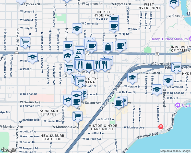 map of restaurants, bars, coffee shops, grocery stores, and more near 2013 West Platt Street in Tampa