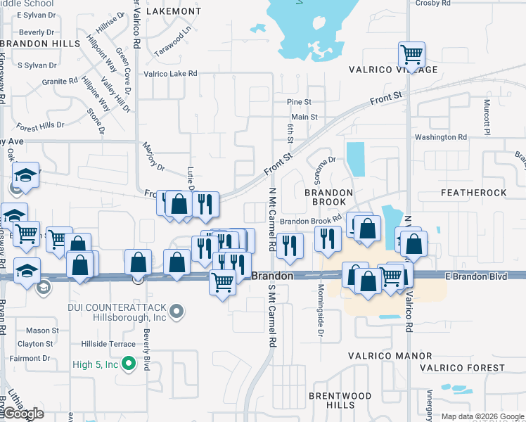 map of restaurants, bars, coffee shops, grocery stores, and more near 1215 Summergate Drive in Valrico
