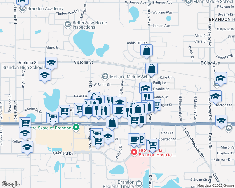 map of restaurants, bars, coffee shops, grocery stores, and more near 233 Red Maple Place in Brandon