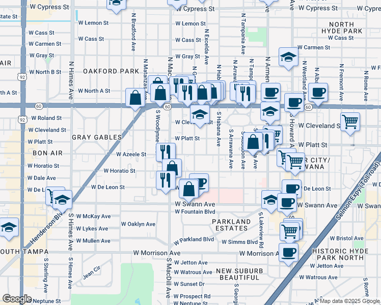 map of restaurants, bars, coffee shops, grocery stores, and more near 306 South Gomez Avenue in Tampa