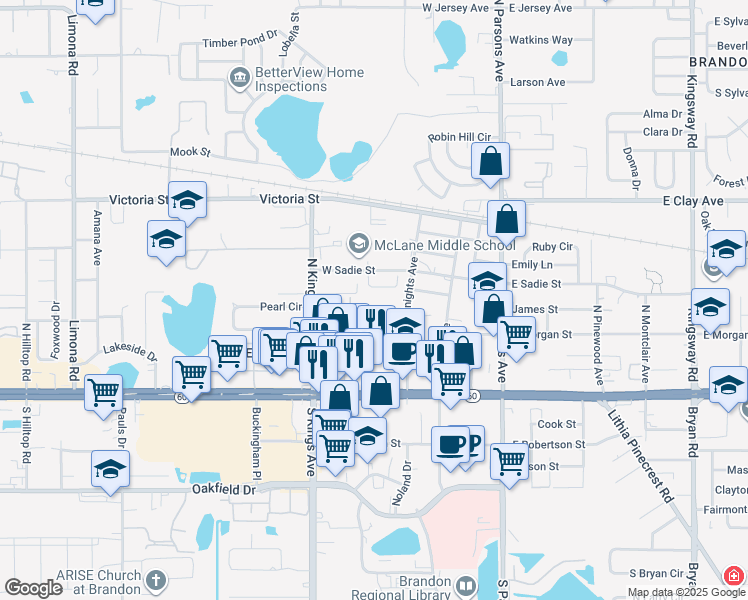 map of restaurants, bars, coffee shops, grocery stores, and more near 418 Big Cedar Way in Brandon