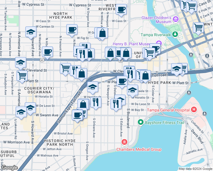 map of restaurants, bars, coffee shops, grocery stores, and more near in Tampa