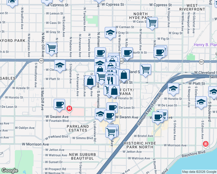 map of restaurants, bars, coffee shops, grocery stores, and more near 219 South Howard Avenue in Tampa