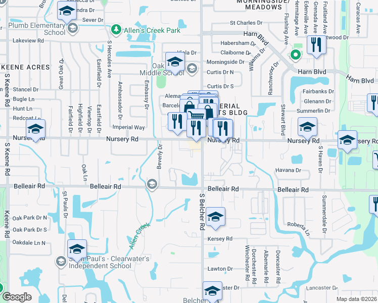 map of restaurants, bars, coffee shops, grocery stores, and more near 2159 Nursery Road in Clearwater