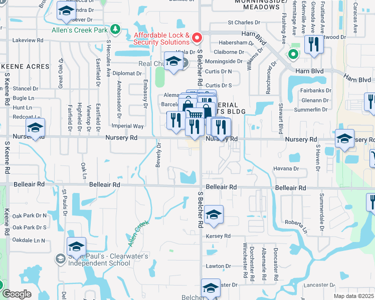 map of restaurants, bars, coffee shops, grocery stores, and more near 2159 Nursery Road in Clearwater
