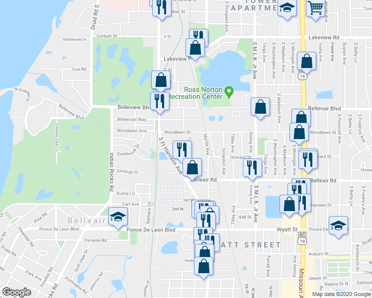 map of restaurants, bars, coffee shops, grocery stores, and more near 1517 Carmel Avenue in Clearwater