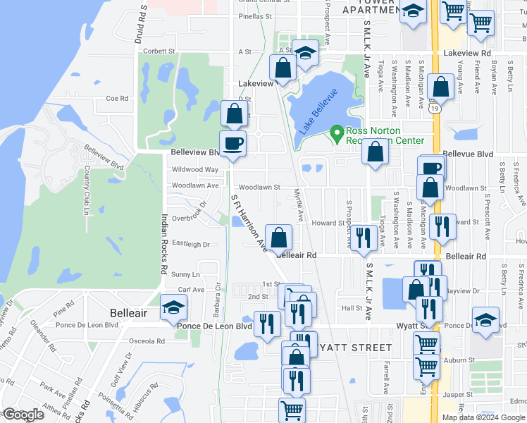 map of restaurants, bars, coffee shops, grocery stores, and more near 1514 Sadlon Avenue in Clearwater