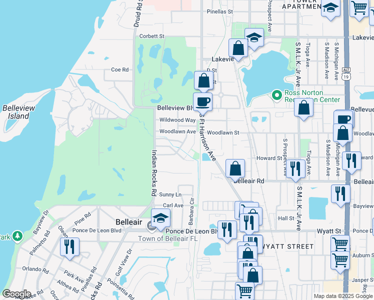 map of restaurants, bars, coffee shops, grocery stores, and more near 330 Roebling Road North in Belleair