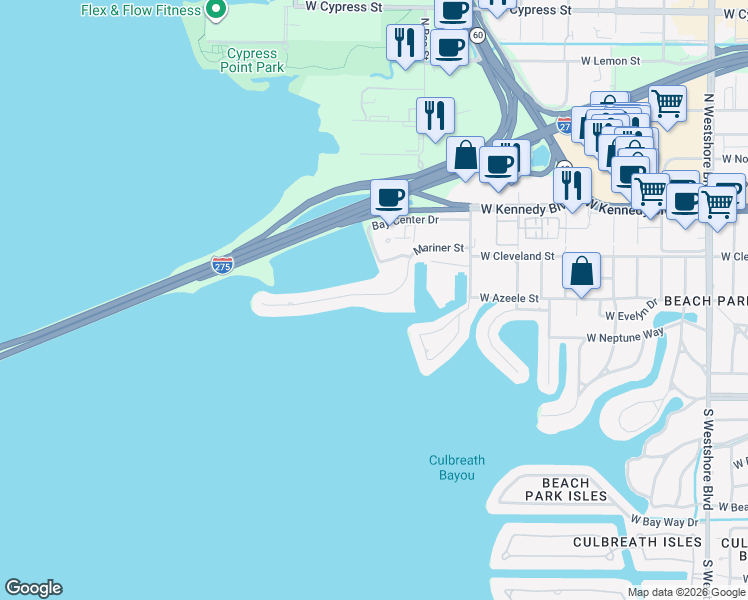 map of restaurants, bars, coffee shops, grocery stores, and more near 5801 Mariner Street in Tampa