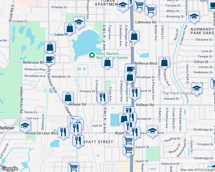 map of restaurants, bars, coffee shops, grocery stores, and more near 1535 South Martin Luther King Junior Avenue in Clearwater