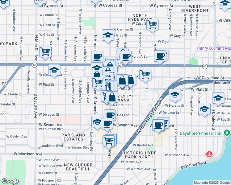 map of restaurants, bars, coffee shops, grocery stores, and more near 2107 West Platt Street in Tampa