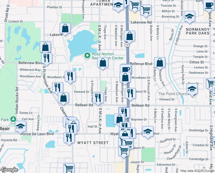 map of restaurants, bars, coffee shops, grocery stores, and more near 1535 South Martin Luther King Junior Avenue in Clearwater