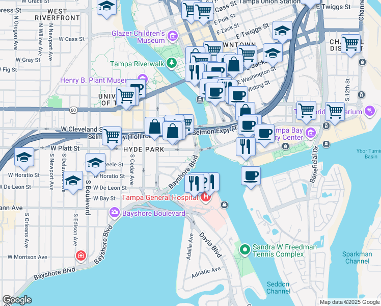 map of restaurants, bars, coffee shops, grocery stores, and more near 247 Bayshore Boulevard in Tampa