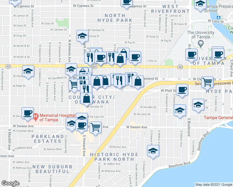 map of restaurants, bars, coffee shops, grocery stores, and more near 1901 West Platt Street in Tampa