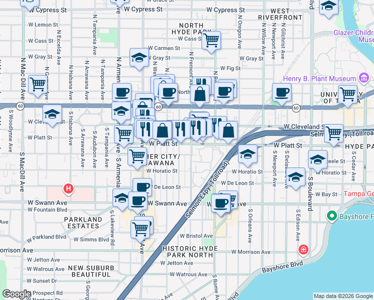 map of restaurants, bars, coffee shops, grocery stores, and more near in Tampa