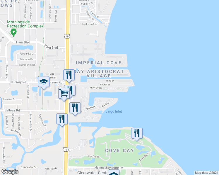 map of restaurants, bars, coffee shops, grocery stores, and more near 444 Fourth Street in Clearwater
