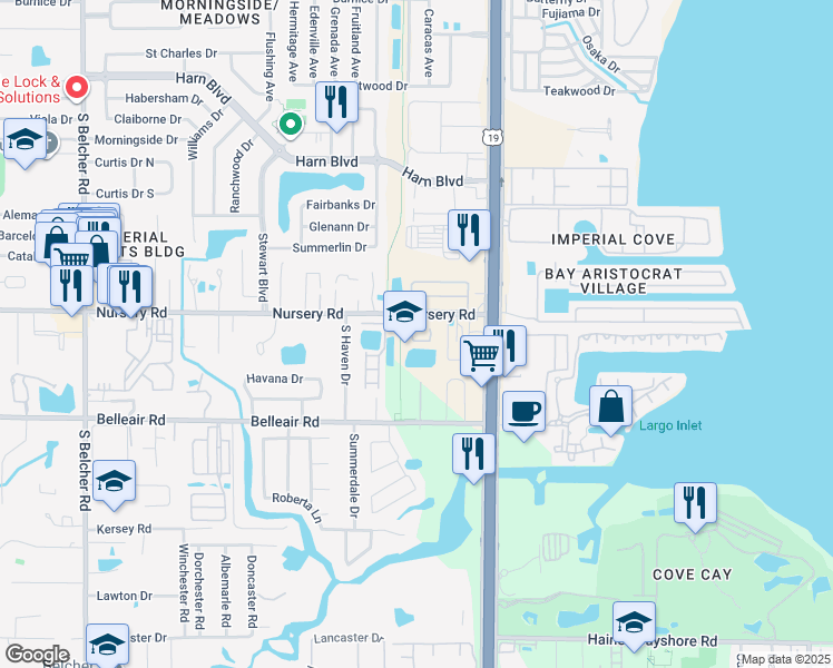 map of restaurants, bars, coffee shops, grocery stores, and more near 1587 Chateaux De Ville Court in Clearwater