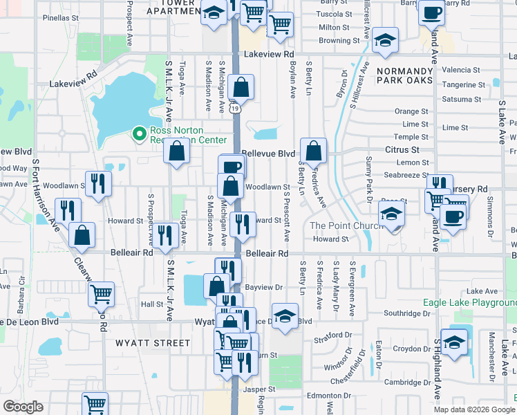 map of restaurants, bars, coffee shops, grocery stores, and more near 1508 South Jefferson Avenue in Clearwater