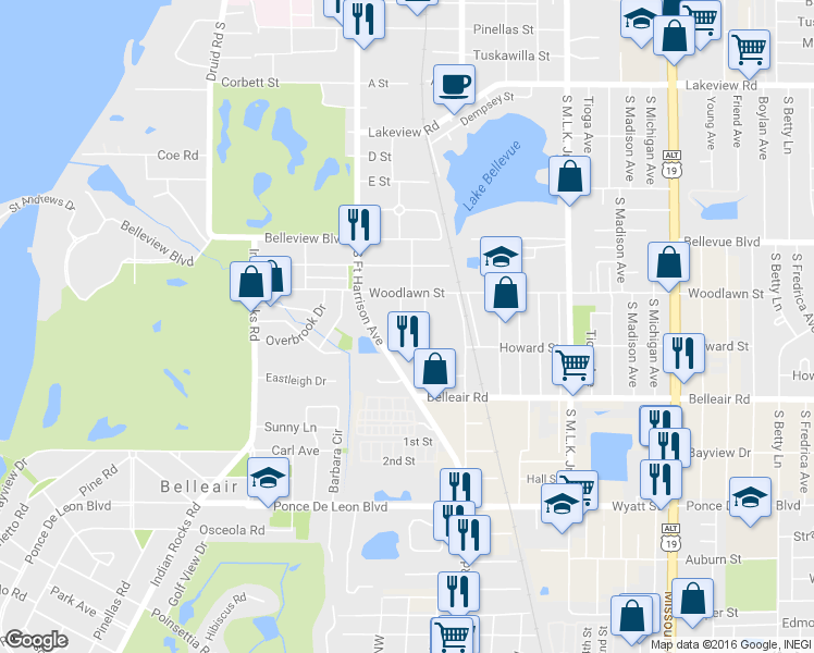 map of restaurants, bars, coffee shops, grocery stores, and more near 1514 Sadlon Avenue in Clearwater