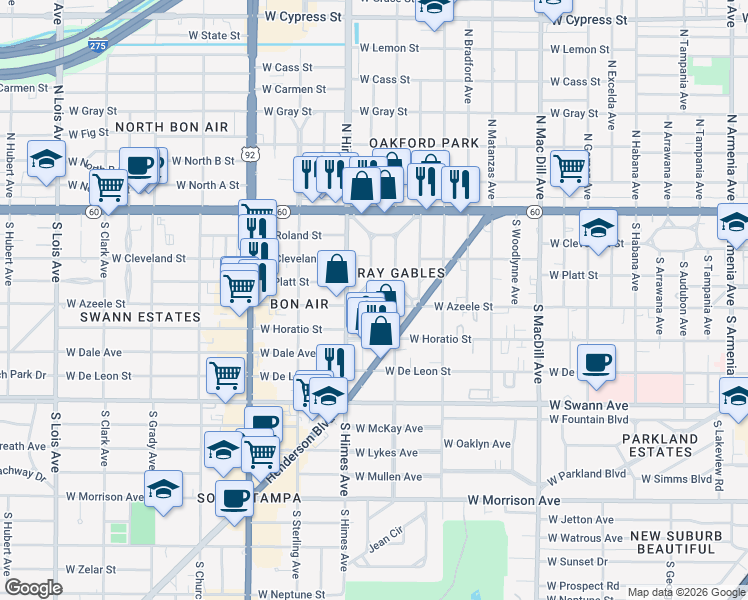 map of restaurants, bars, coffee shops, grocery stores, and more near 3511 West Azeele Street in Tampa