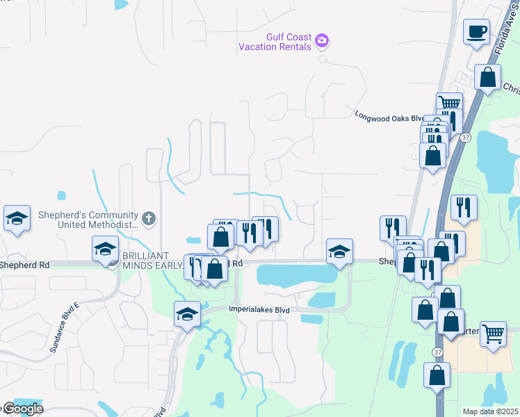 map of restaurants, bars, coffee shops, grocery stores, and more near 6817 Appaloosa Drive in Lakeland