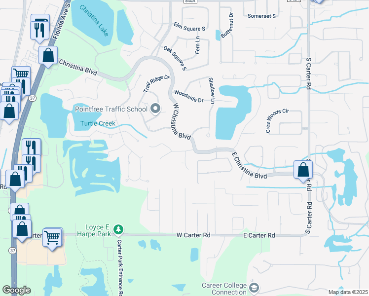 map of restaurants, bars, coffee shops, grocery stores, and more near 117 Towering Pines Drive in Lakeland
