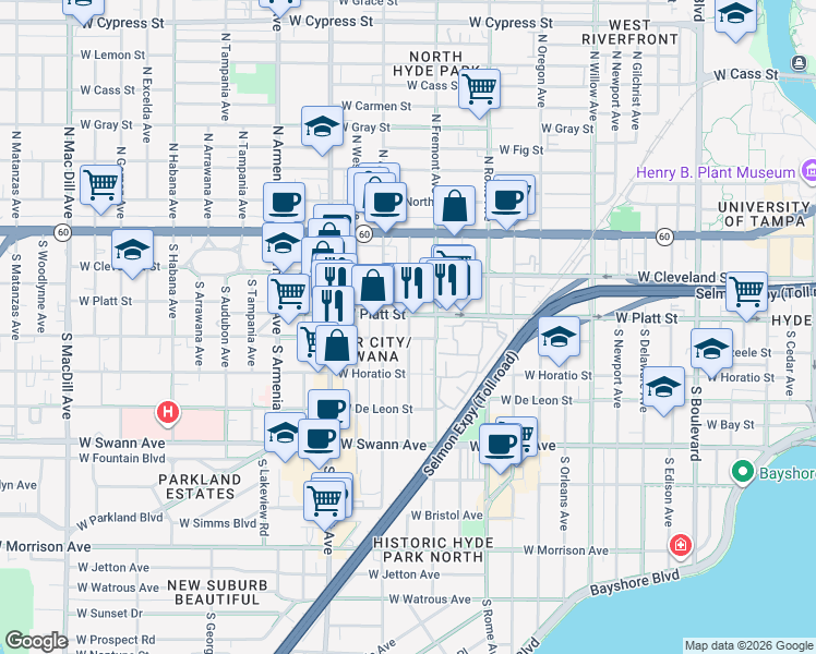 map of restaurants, bars, coffee shops, grocery stores, and more near 2013 West Platt Street in Tampa